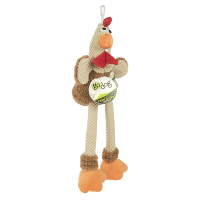Godog Checkers  Skinny Brown Rooster With Chew Guard Technology Durable Plush Squeaker Dog Toy, Brown, Large