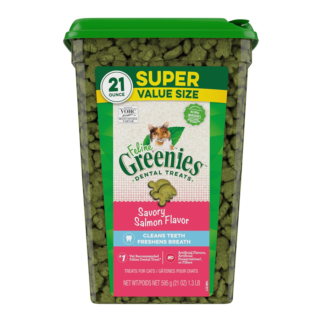 Greenies Feline Savory Salmon Flavor Adult Dental Cat Treats Tub, 21-oz image number null