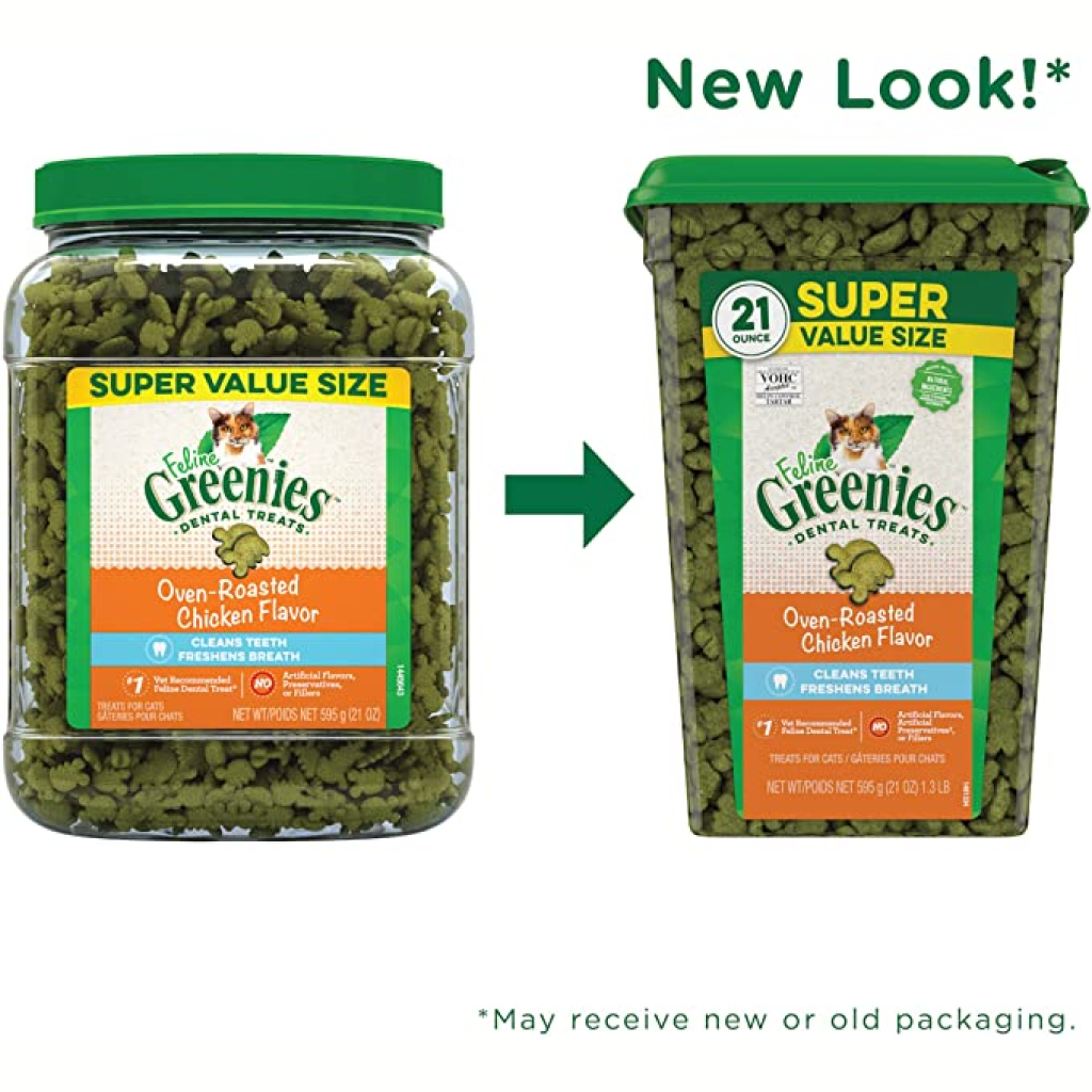 Greenies Feline Oven Roasted Chicken Flavor Adult Dental Cat Treats Tub, 21-oz image number null