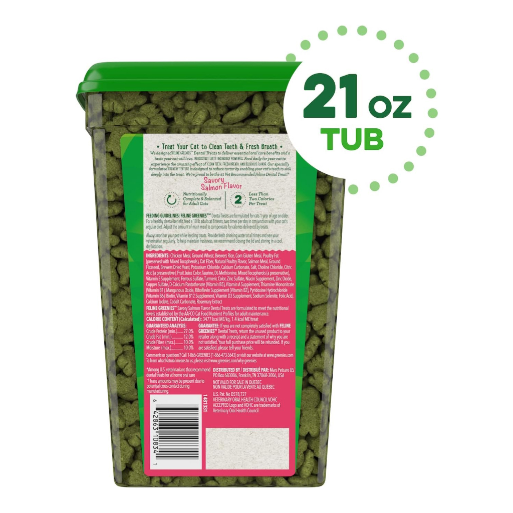 Greenies Feline Savory Salmon Flavor Adult Dental Cat Treats Tub, 21-oz image number null