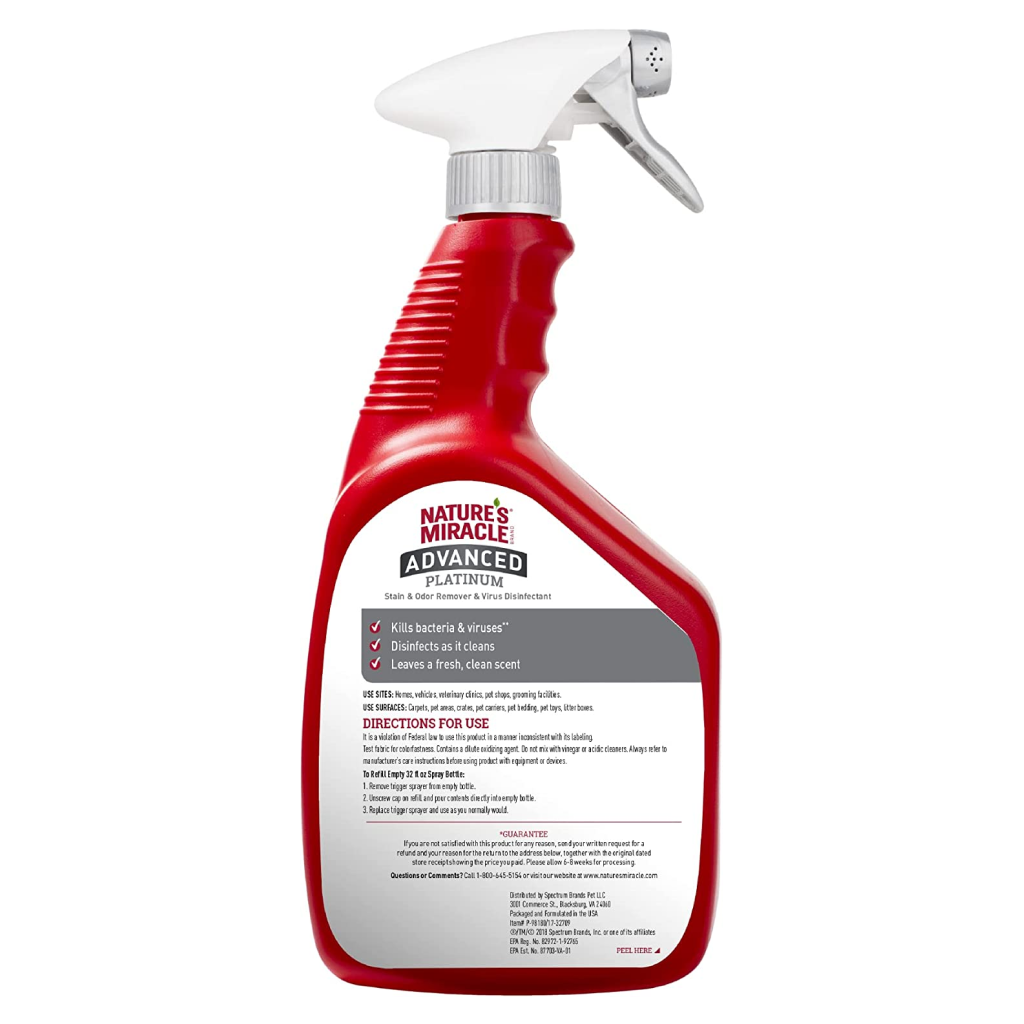 Nature's Miracle Dog Advanced Platinum Stain & Odor Remover & Virus Disinfectant Spray, 32-oz image number null