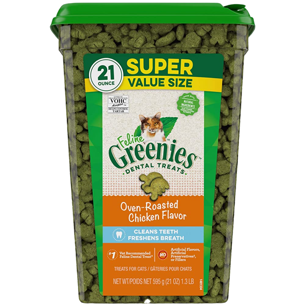 Greenies Feline Oven Roasted Chicken Flavor Adult Dental Cat Treats Tub, 21-oz image number null