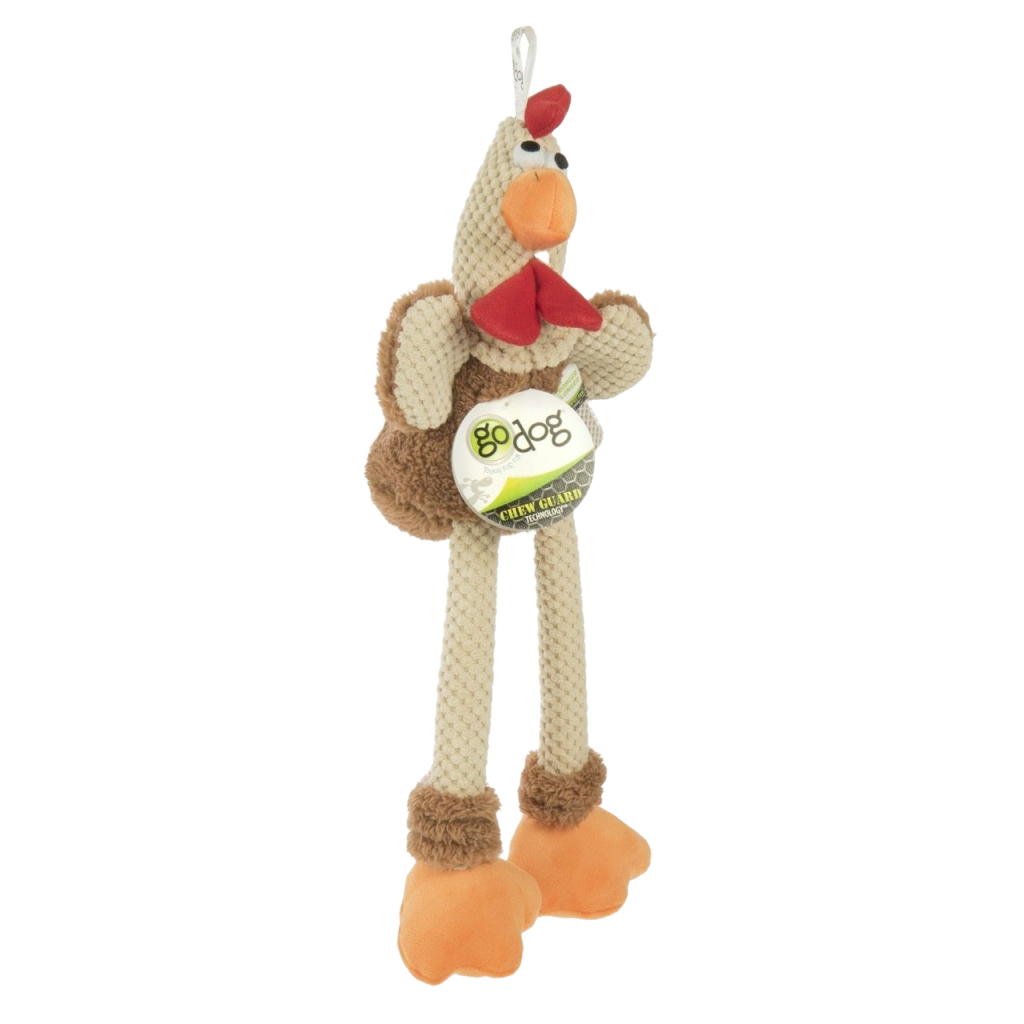 Godog Checkers  Skinny Brown Rooster With Chew Guard Technology Durable Plush Squeaker Dog Toy, Brown, Large image number null